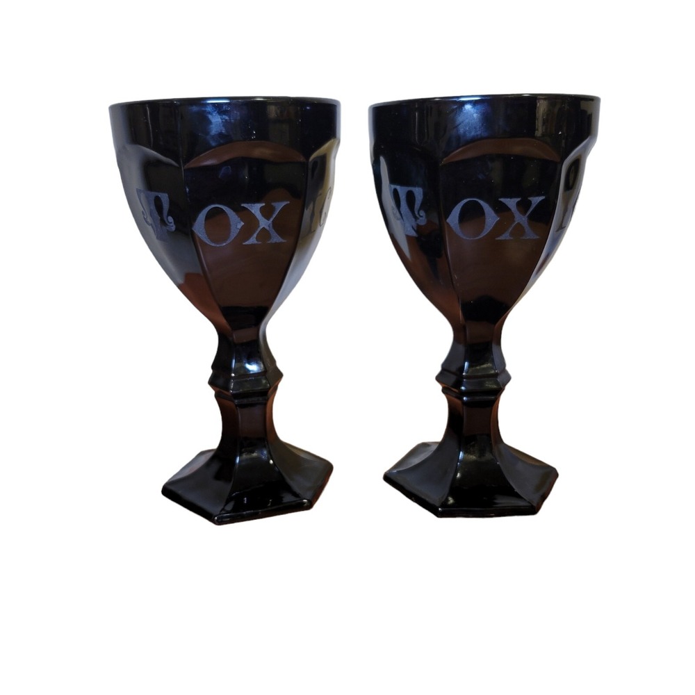 Lot of 2 Black Glass Wine Goblets Chalice Etched TOXIC Gothic Halloween Dark